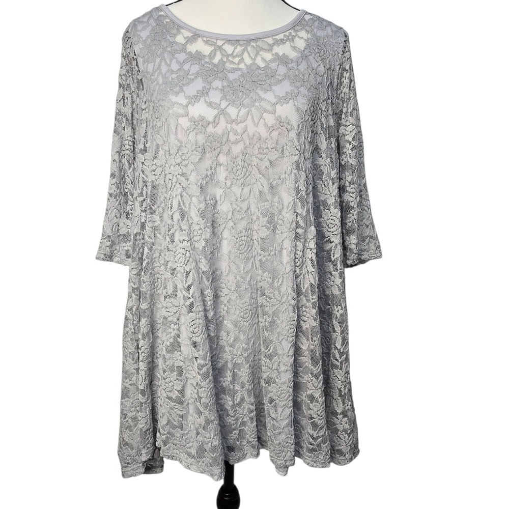 Tee For The Soul Gray Lace Tunic Top Womens Size S 3/4 Sleeve 2 Piece‎ New